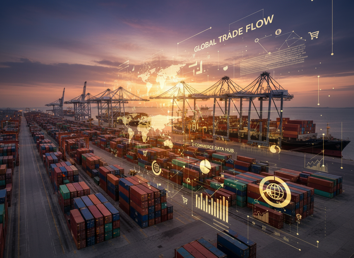 Puerto de comercio internacional con contenedores y datos de comercio electrónico