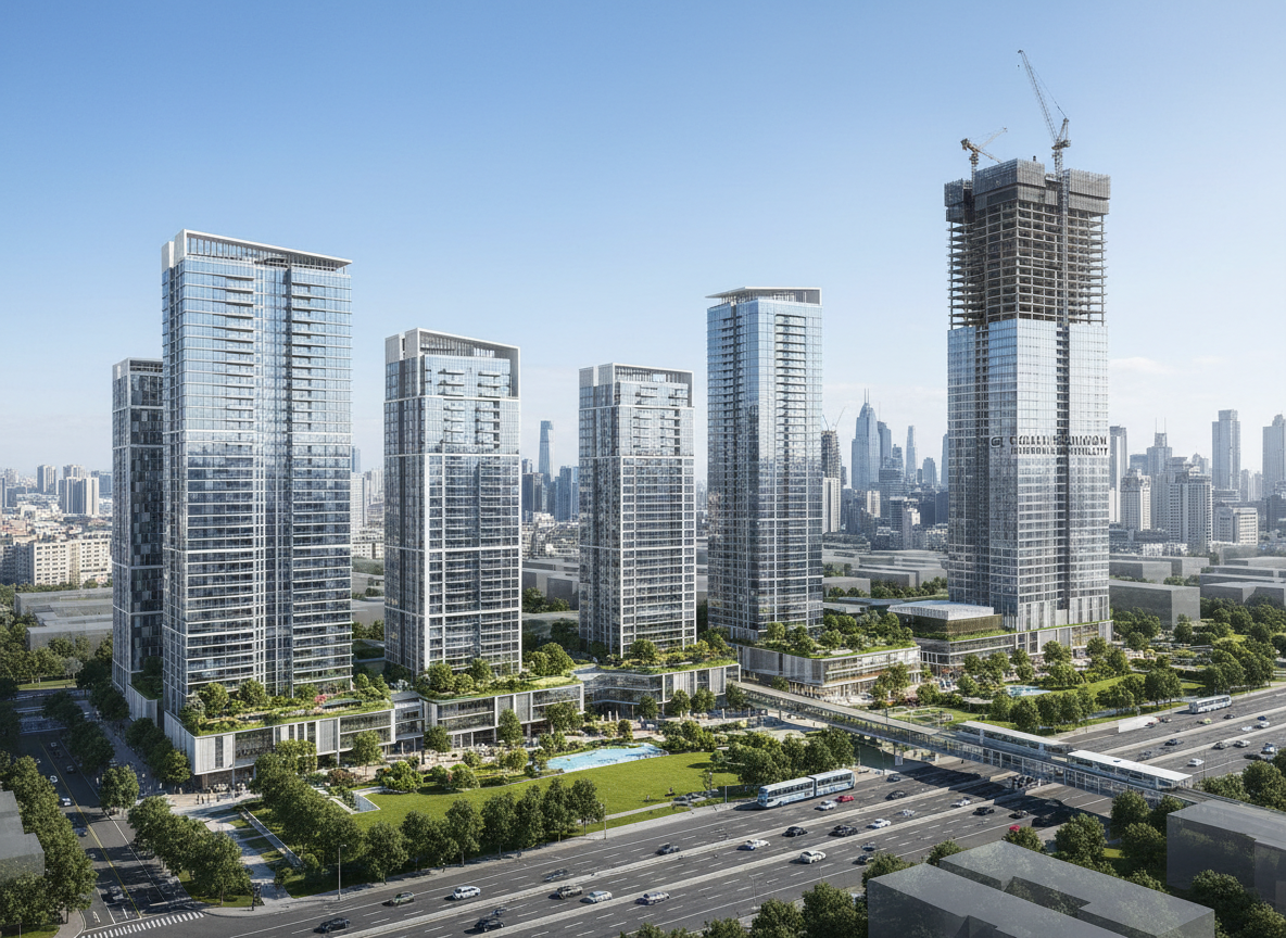 Proyecto de desarrollo inmobiliario y construcción internacional con edificios residenciales modernos e infraestructura urbana